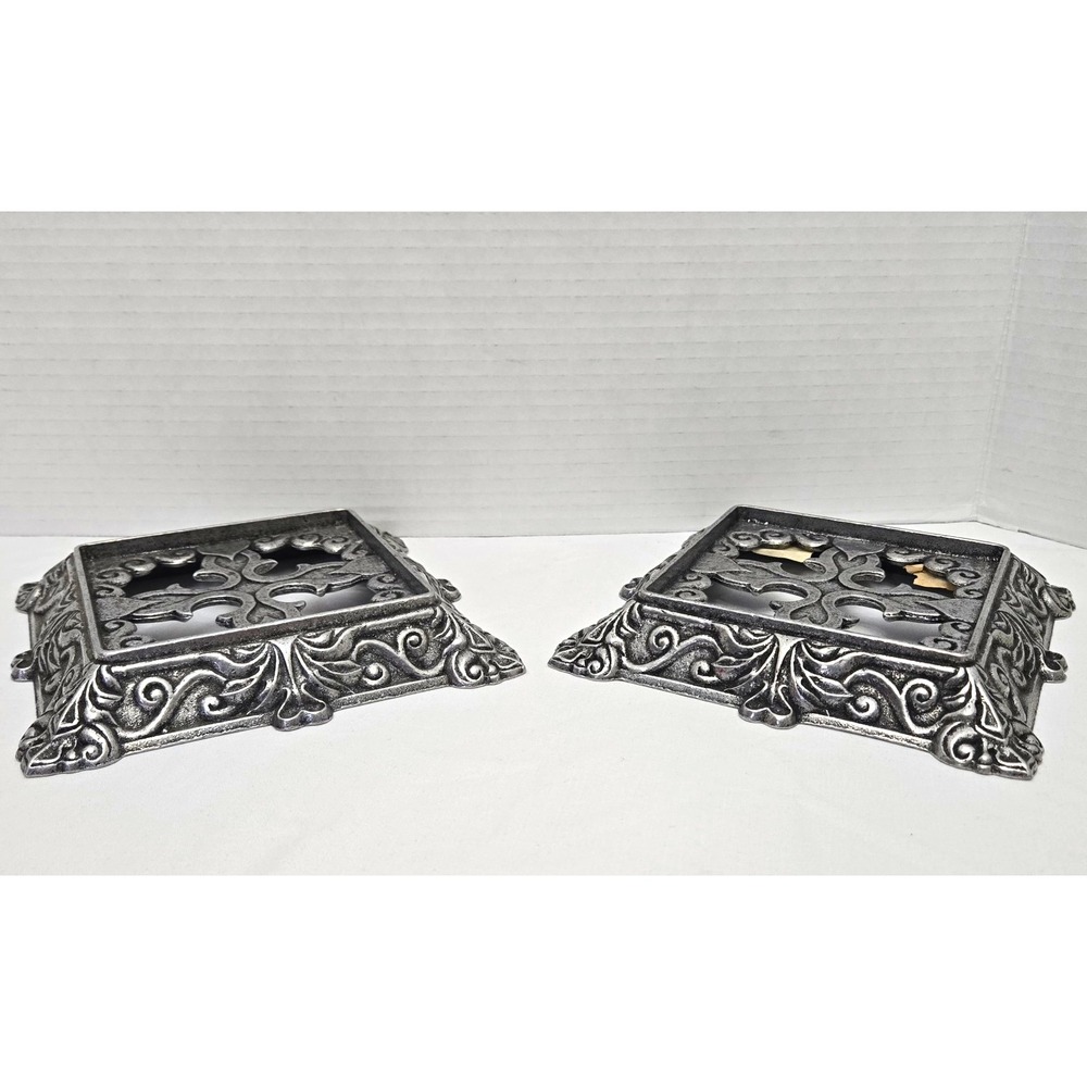 Vtg 1999 Carson Statesmetal Pewter Tone Ornate Hearts Square Candle Holder Bases